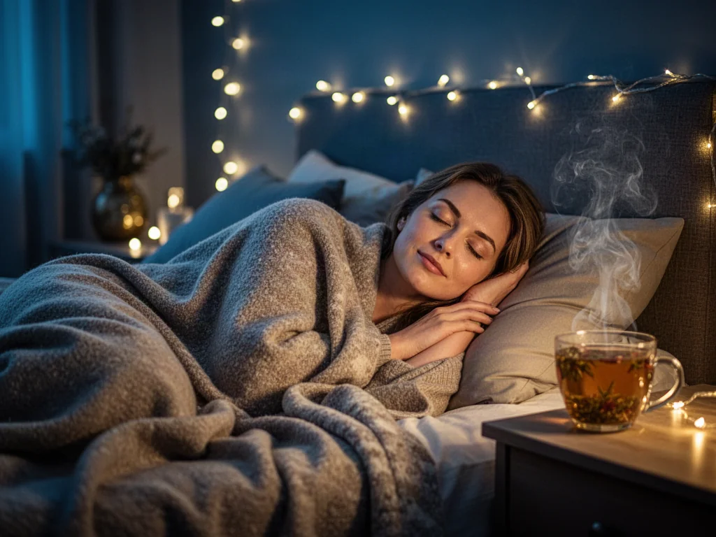 Kobieta odpoczywająca w przytulnym łóżku przy ciepłym świetle, tworząca atmosferę sprzyjającą relaksowi przed snem.